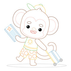 Wall Mural - Coloring book for kids, Cute monkey traveler with suitcase and air ticket