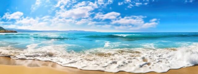 Beautiful panoramic seascape with surf waves against a blue sunny sky with clouds. Natural Mediterranean beach