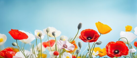 Wall Mural - Beautiful spring colorful natural flower background with red yellow and white poppies on light blue background