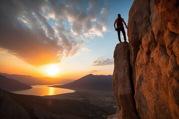 Wall Mural - silhouette of Rock climber at sunset. (Ai generated)