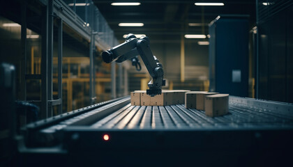 Canvas Print - Robotic arm cuts metal on automated production line in factory generated by AI