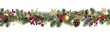 Festive Christmas border, isolated on white background. Fir green branches are decorated with gold stars, fir cones and red berries, banner format