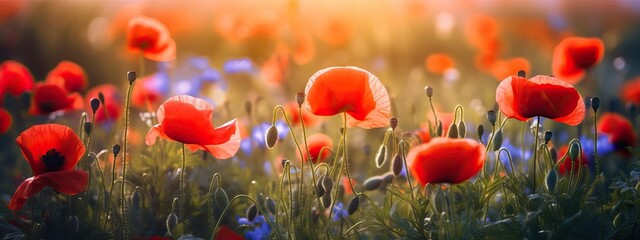 Wall Mural - Colorful spring summer landscape with red poppy flowers in meadow in nature glow in sun. Selective focus, shallow depth of field