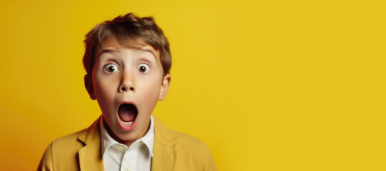 Shock, surprised boy child in a studio with a wow or omg facial expression with his hands on his mouth. Generative AI