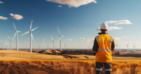 Wall Mural - engineer or technician worker standing in front of cluster of windmill or wind turbine with blue sky and white cloud.Generative AI