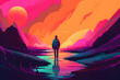 © ADDICTIVE STOCK - Generative AI illustration of the silhouette of a traveler walking on an abstracted wetland terrain among colored hills against a cloudy sky
