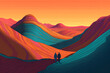 © ADDICTIVE STOCK - Generative AI illustration of silhouettes walking on abstract colorful curvy mountains against orange sunset sky