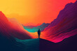© ADDICTIVE STOCK - Generative AI illustration silhouette of unrecognizable person walking on brightly colored abstract rolling hills at sunset against an orange sky