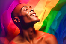 Generative AI Illustration Of Cheerful African American Gay Man With Closed Eyes And Naked Shoulders Smiling And Standing Against Colorful LGBT Flag