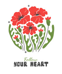 Wall Mural - abstract red flower posters. organic circle shapes in trendy naive retro hippie 60s 70s style. poppy