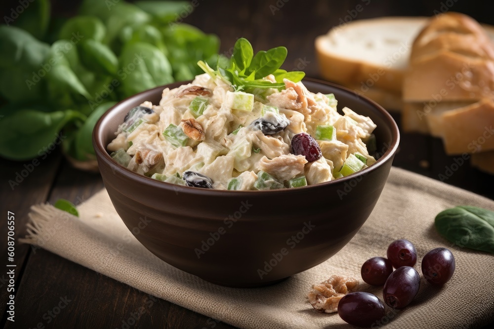 Chicken salad with vegetables on a dark background. Generative ai.