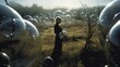 a woman standing in a field with bubbles. Generative AI Art.