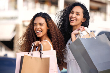 Sticker - Shopping, city and friends or women portrait for fashion, retail and excited for holiday sale, deal or promotion. Rich, wealth and happy face of african people or customer bag, outdoor and travel