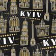 Vector Kyiv Seamless Pattern, square repeating background with illustration of famous european kyiv city scape on dark background for bed linen, decorative line art urban poster with white text kyiv
