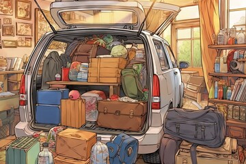 Wall Mural - first - year students at home packing supplies, luggage, and more into cars, then unloading on campus with the help of parents Off to university, manga style illustration generative ai