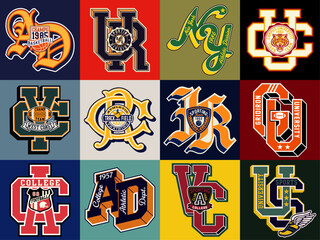 university and college athletic monogram initial font patches collection vintage vector artwork for 