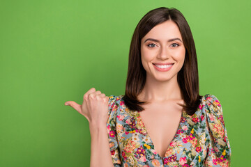 Wall Mural - closeup photo of pretty lady showing sale product empty space wear floral blouse top shirt isolated 