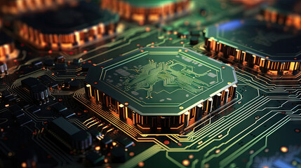 Canvas Print - Futuristic circuit board with glowing hexagon processors