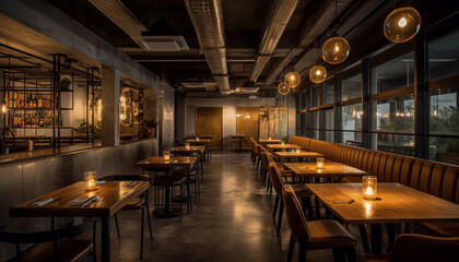 Canvas Print - A modern pub with luxurious wooden chairs and dim lighting generated by AI