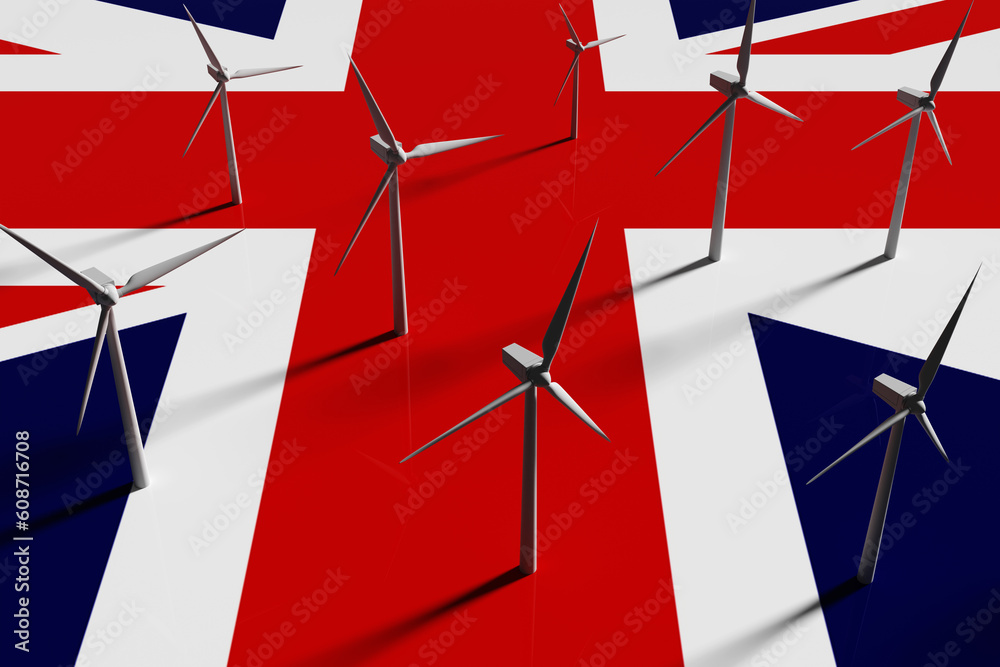 Wind turbines electricity generators scattered on the UK national flag ...