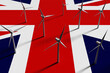 Wind turbines electricity generators scattered on the UK national flag Union Jack. Illustration of the concept of British renewable and wind power development
