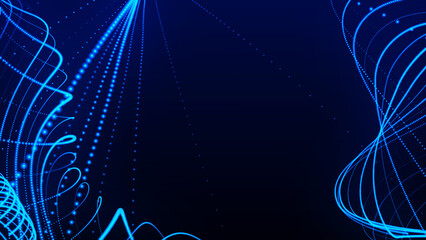 Poster - Dynamic wave of glowing particles. Data flow information. Concept of digital communication. Technology or Science Banner. Big data visualization. 3D rendering.