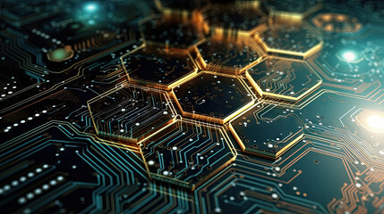 Wall Mural - Futuristic circuit board with glowing hexagons