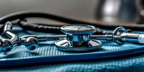 Close-up of a stethoscope and a blood pressure cuff on a medical table. Generative AI