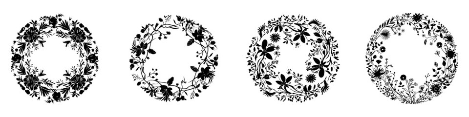 Wall Mural - round frame with black silhouettes of flowers and plants. set of flower wreaths. vector illustration