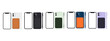 Vector mobile phones in different colors (white, gray, green, blue, purple) with leather wallet.