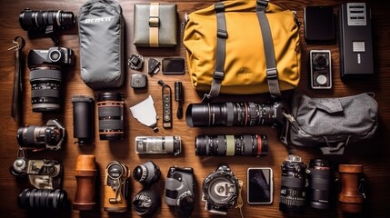 a group of camera equipment on a table. Generative AI Art.