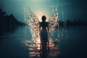 Sci-fi, fantasy concept. Fairy with wings walking on water. Abstract minimalistic, magical and mysterious atmosphere. Dark and spooky nature background. Generative AI