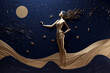 Sexy woman body silhouette standing on golden dunes. 3D modern art mural wallpaper with matte dark blue background. Dark landscape with stars and moon. Minimalistic style. Generative AI