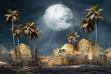 Abstract Tropical Island Landscape. 3D Modern Art Mural Wallpaper With Matte Dark Blue Background. Dark Landscape With Palm Trees, Moon, Mountains And Ocean. Minimalistic Style. Generative AI