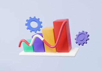 Fototapete - 3D graph analytics grow with gears optimization stock market to investment business website development concept. statistics finance chart growth strategy target planning. symbol element. illustration
