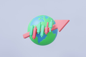 Poster - Globe with growth statistics trader concept. Cryptocurrency and stock trading buy, sell, worldwide finance business investment. strategy crypto exchange, cartoon minimal. 3d rendering illustration