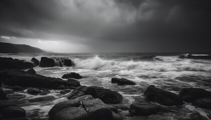 Sticker - Dramatic sky and breaking waves at waters edge, monochrome beauty generated by AI