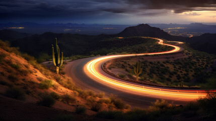 Bright light streaks on a winding road through a desert landscape. Generative ai