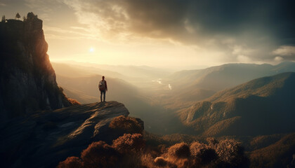 Poster - Standing on mountain peak, one person achieves adventure and success generated by AI