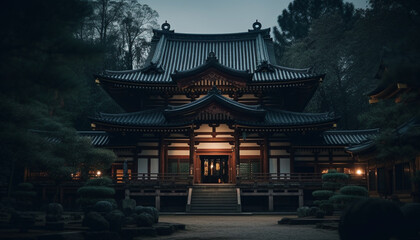 Poster - The ancient pagoda illuminates the dark autumn night in Seoul generated by AI