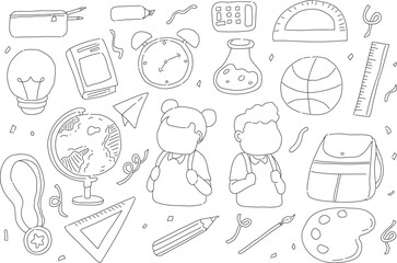 back to school doodle seamless pattern. hand drawn set of school icons ornaments