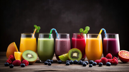 Selection of colorful smoothies and ingredients in glasses, rustic background. Generative AI