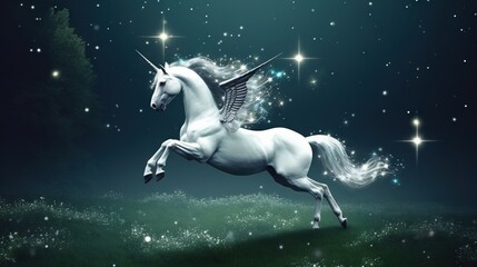 Poster -  a white unicorn with wings flying in the night sky with stars.  generative ai