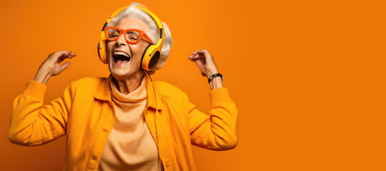 happy senior woman listening music in headphones. generative ai