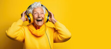 Happy Senior Woman Listening Music In Headphones. Generative AI