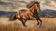  a brown horse running through a field of tall brown grass.  generative ai