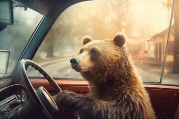 Wall Mural - A bear driving a car close-up. Generative AI.