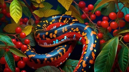 Wall Mural -  a colorful snake is on a branch with berries and leaves.  generative ai