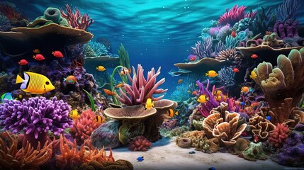 Wall Mural -  an underwater scene with corals, fish, and seaweed.  generative ai