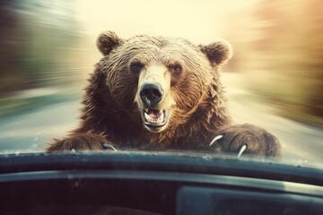 Wall Mural - A bear driving a car close-up. Generative AI.